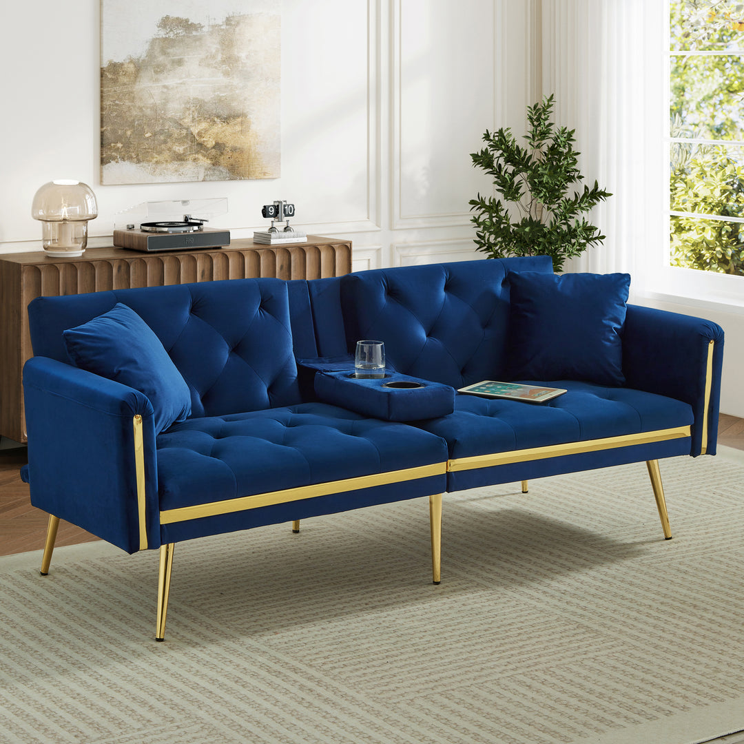 Blue velvet tufted 2-seater sofa bed with gold legs hidden fold-down cup holder FUMAROLEVENT