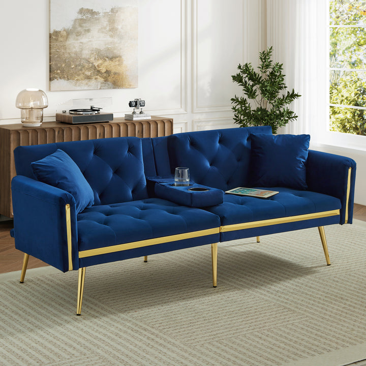 Blue velvet tufted 2-seater sofa bed with gold legs hidden fold-down cup holder FUMAROLEVENT