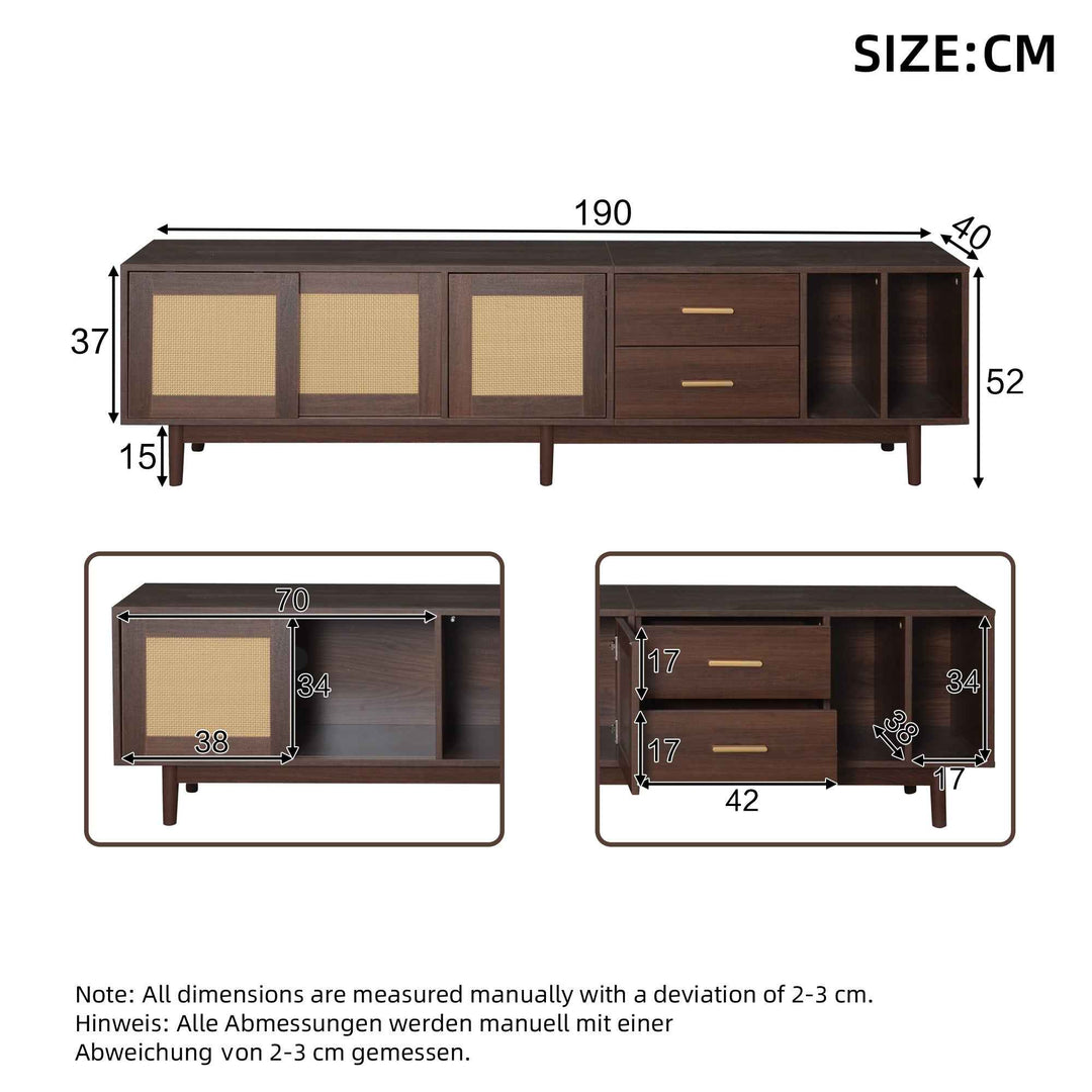 TV stand dark wood vintage look with rattan sliding doors & 2 drawers  INFINITERIF