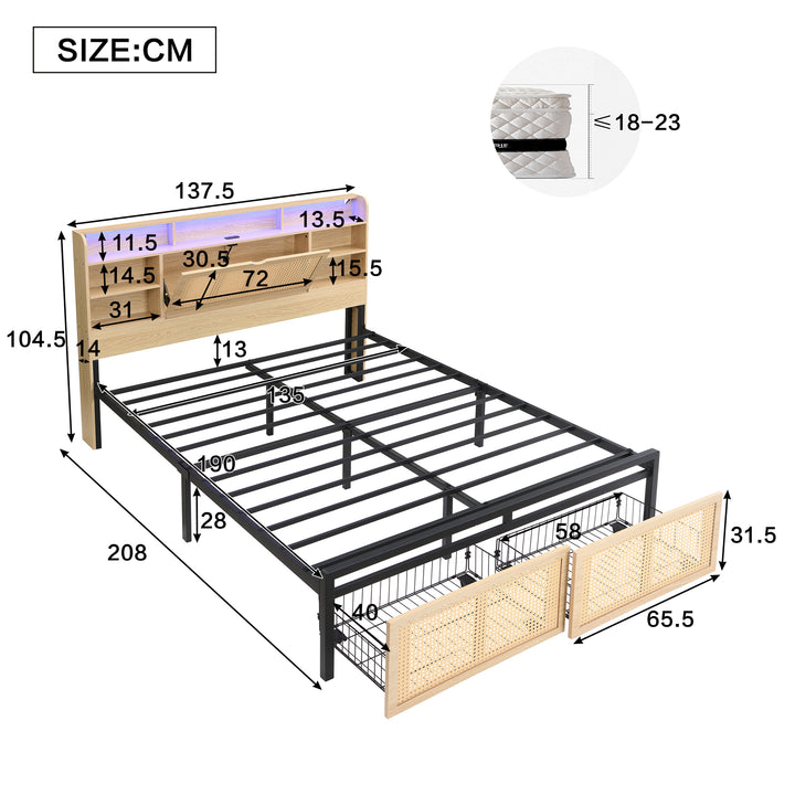 Wooden double bed with headboard storage, rattan drawer and LED lighting (135×190cm) HYDATHOD