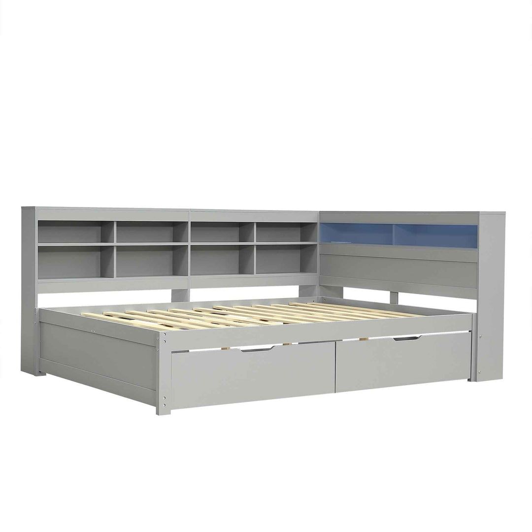 00+Double Daybed 135x190 with Storage Drawers, LED Headboard, Charging Station, Grey COMPACTVANITY