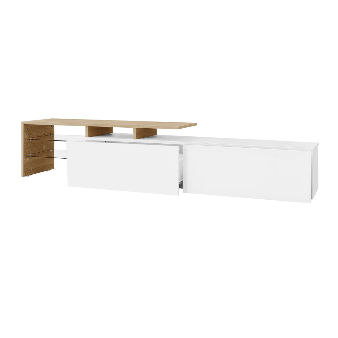 White hihg-gloss TV cabinet storage space, wood look, glass shelves, LED lighting MOLD