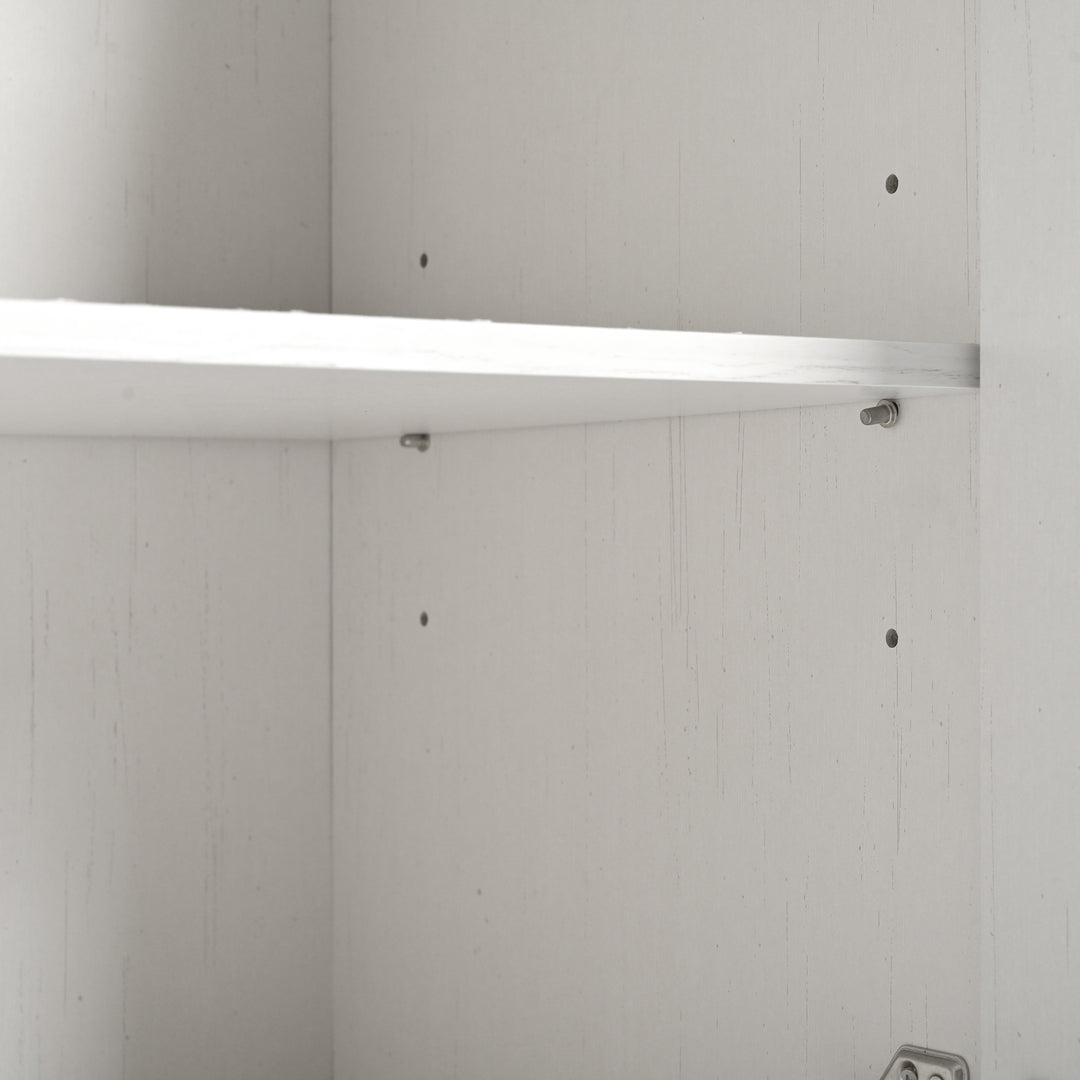 White farmhouse style rolling kitchen island with fold-out top and racks SALTMARSH