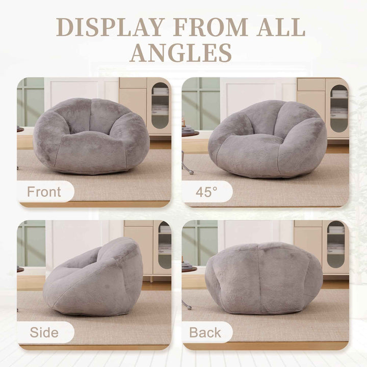 Lazy chair shell shaped sofa light grey faux fur, memory foam bean bag chair removable cover