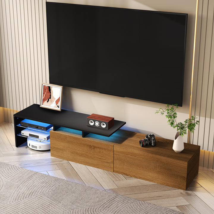 Black wooden finish TV cabinet with glass shelves and LED lighting KNEEJOINT