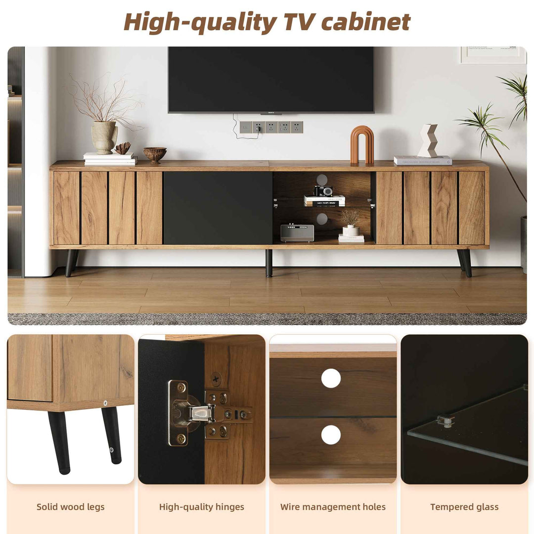 TV stand cabinet wood look & black, 3 doors glass shelf FLAREKRYOS