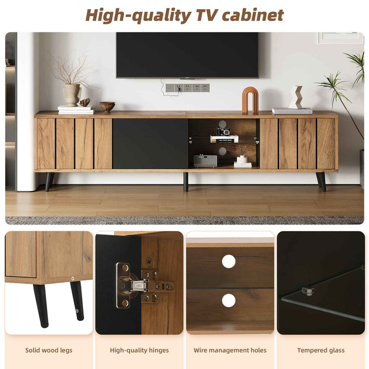 TV stand cabinet wood look & black, 3 doors glass shelf FLAREKRYOS