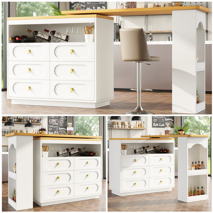 White 360° rotating extendable bar table with 6-drawer storage SYCAMOREBALL