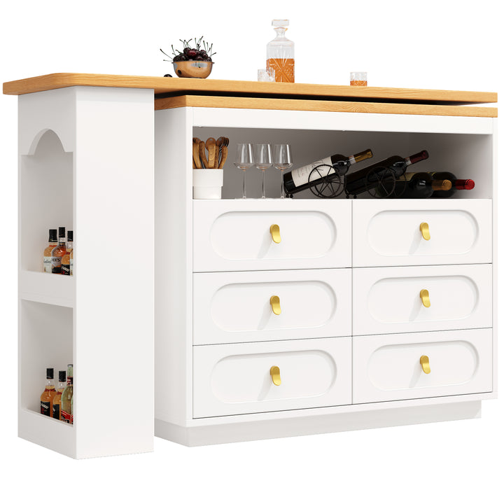 White 360° rotating extendable bar table with 6-drawer storage SYCAMOREBALL
