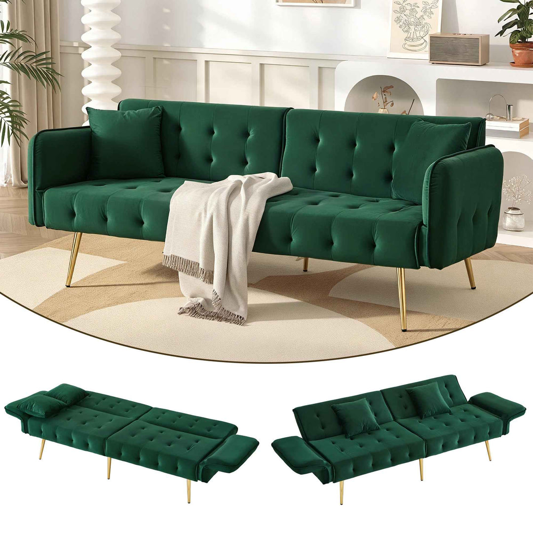 00+Sofa Bed 2-Seater Velvet Green, Adjustable Backrest & Armrests, Space-Saving for Living Room MAPLE PLUS