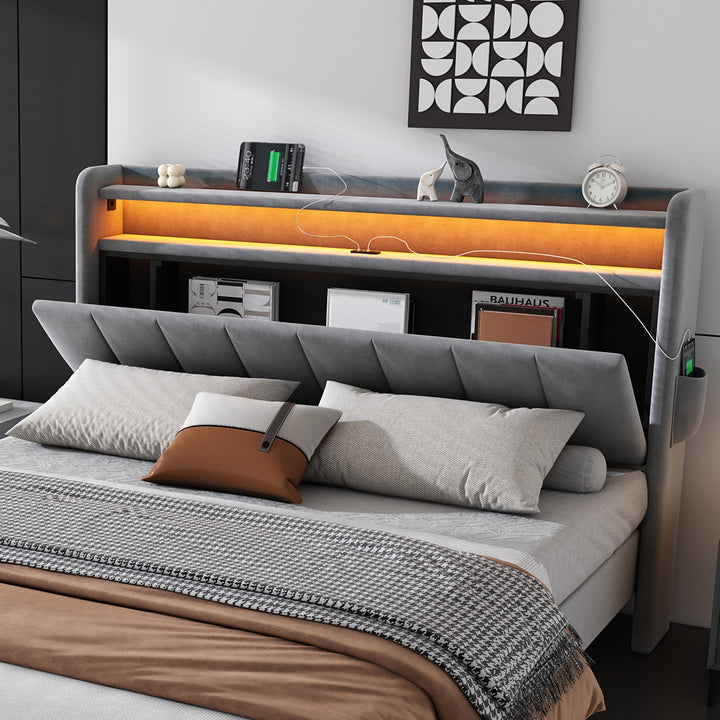 Upholstered velvet grey double bed with storage headboard, LED lighting and charging ports 135x190cm FIRNSNOW UK