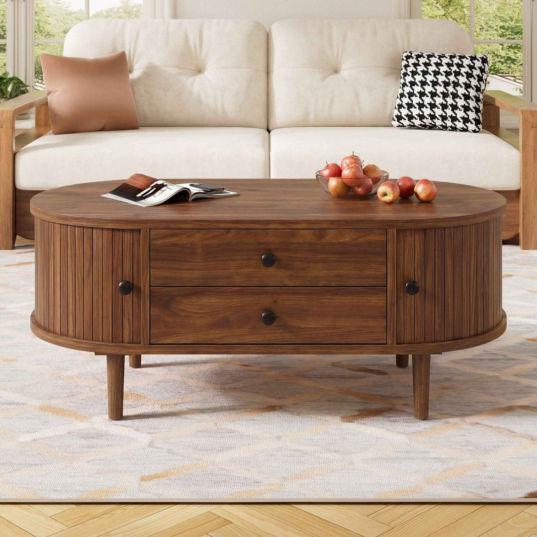 Vintage oval coffee table with 2 drawers, slatted doors 100cm RACKDARK