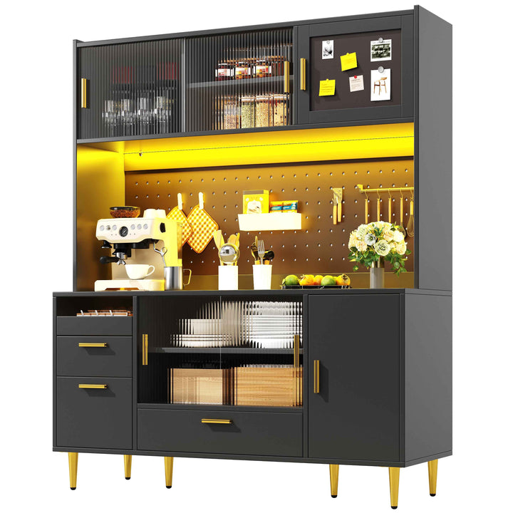00+Tall Kitchen Cabinet with LED Lighting and Glass Sliding Doors, Adjustable Shelves, for Kitchen COMPACTVASE