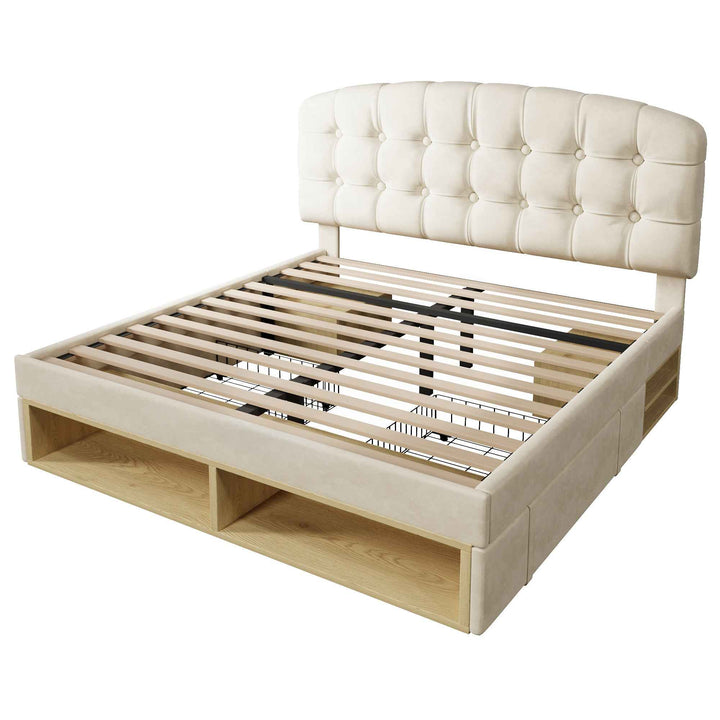 Double Bed Frame with Storage Drawers Velvet Upholstered, 135x190cm, Beige, No Mattress BEDRESIN