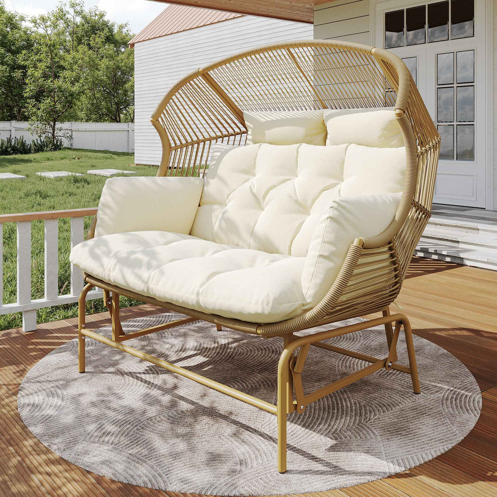 Garden rocking chair 2-seat PE Rattan beige swing with cushions FLAREINFINIX