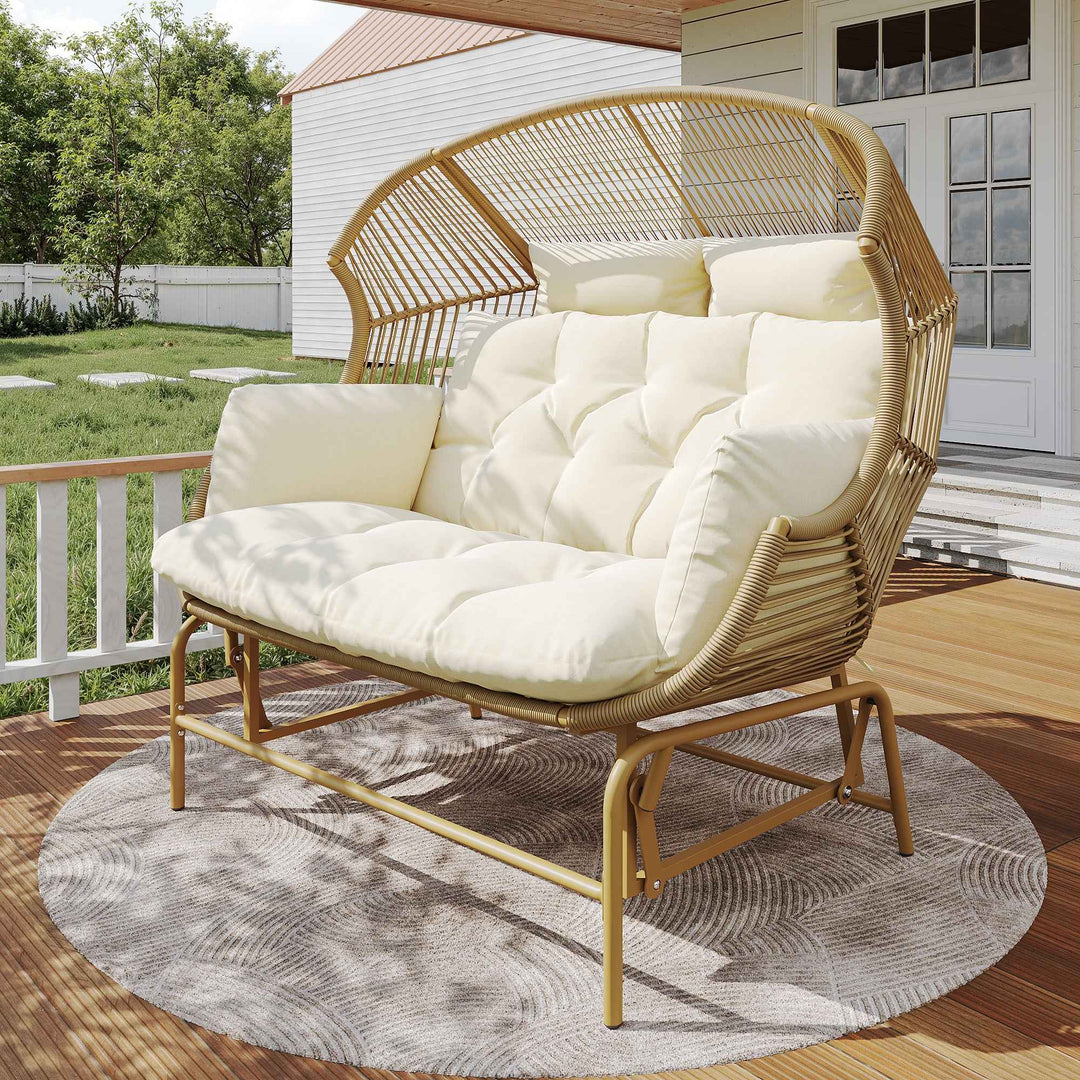 Garden rocking chair 2-seat PE Rattan beige swing with cushions FLAREINFINIX