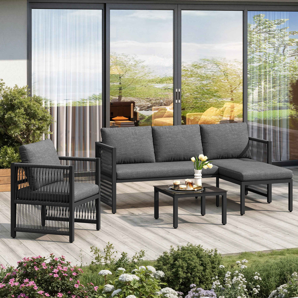 Garden furniture set 4-5 seater grey modular sofa with tempered glass table INFINITECASCD