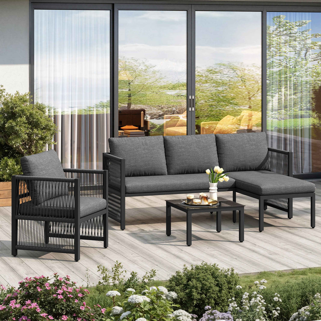 Garden furniture set 4-5 seater grey modular sofa with tempered glass table INFINITECASCD