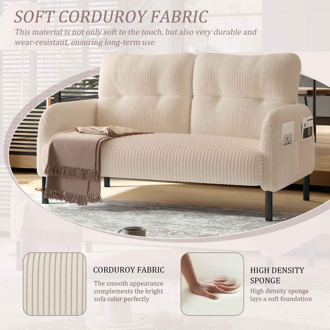 00+Loveseat Sofa Corduroy Fabric Beige 2 Seater, High Rebound Spring, for Living Room & Bedroom NOVAITY