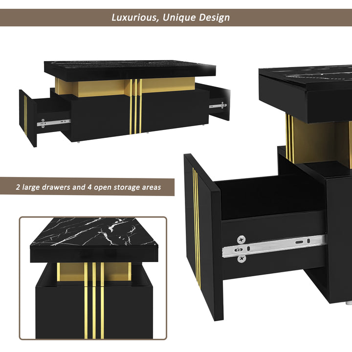 Modern black coffee table with marble-pattern top golden accents LEDGER