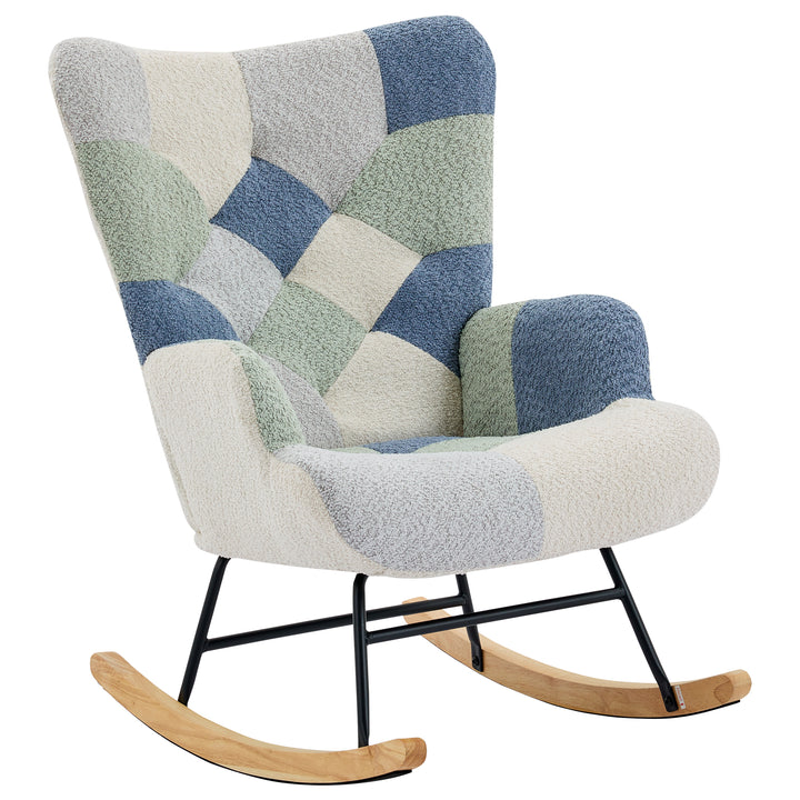 Fabric white blue patchwork rocking chair with solid wood legs and footstool MORASSSLOP