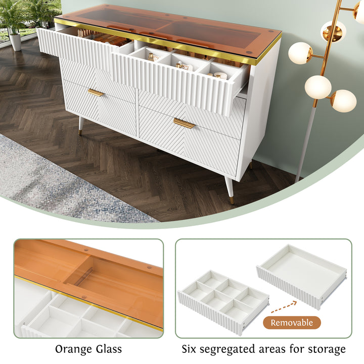 White sideboard dresser with 6 drawers and colored glass golden handles VIGZUN UK