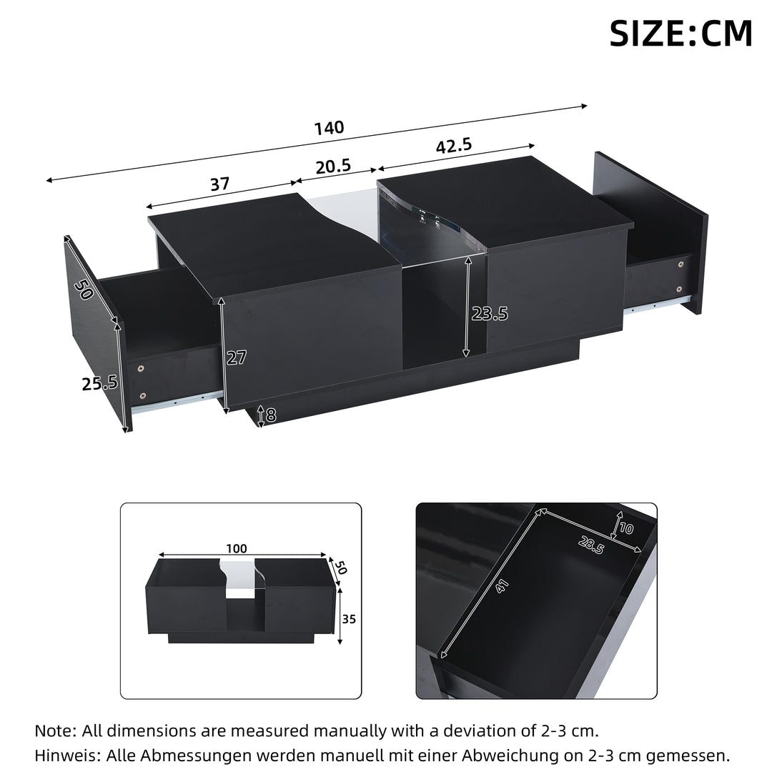 Black high gloss coffee table with 2 drawers with 16-Color LED lights 100*35cm SCALESKIN