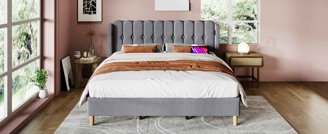 Double Bed Frame with USB & Type-C Charging, 4ft6 Grey Linen Upholstered, Wooden Slats, Modern Panel Headboard, Space-Saving for Bedroom & Guest Room (No Mattress)