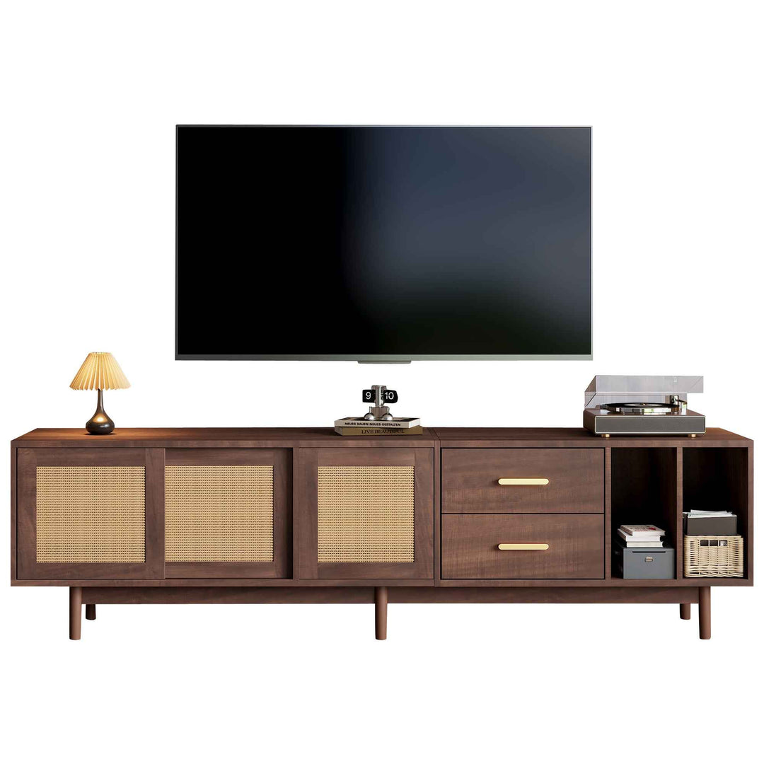 TV stand dark wood vintage look with rattan sliding doors & 2 drawers  INFINITERIF