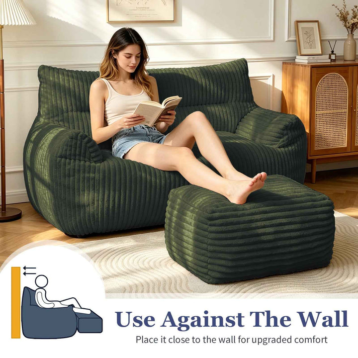 2-Seater Corduroy Lazy Sofa with Ottoman, Oversized Floor Couch, No Assembly, Ergonomic, Green, for Bedroom, Living Room, Small Apartment
