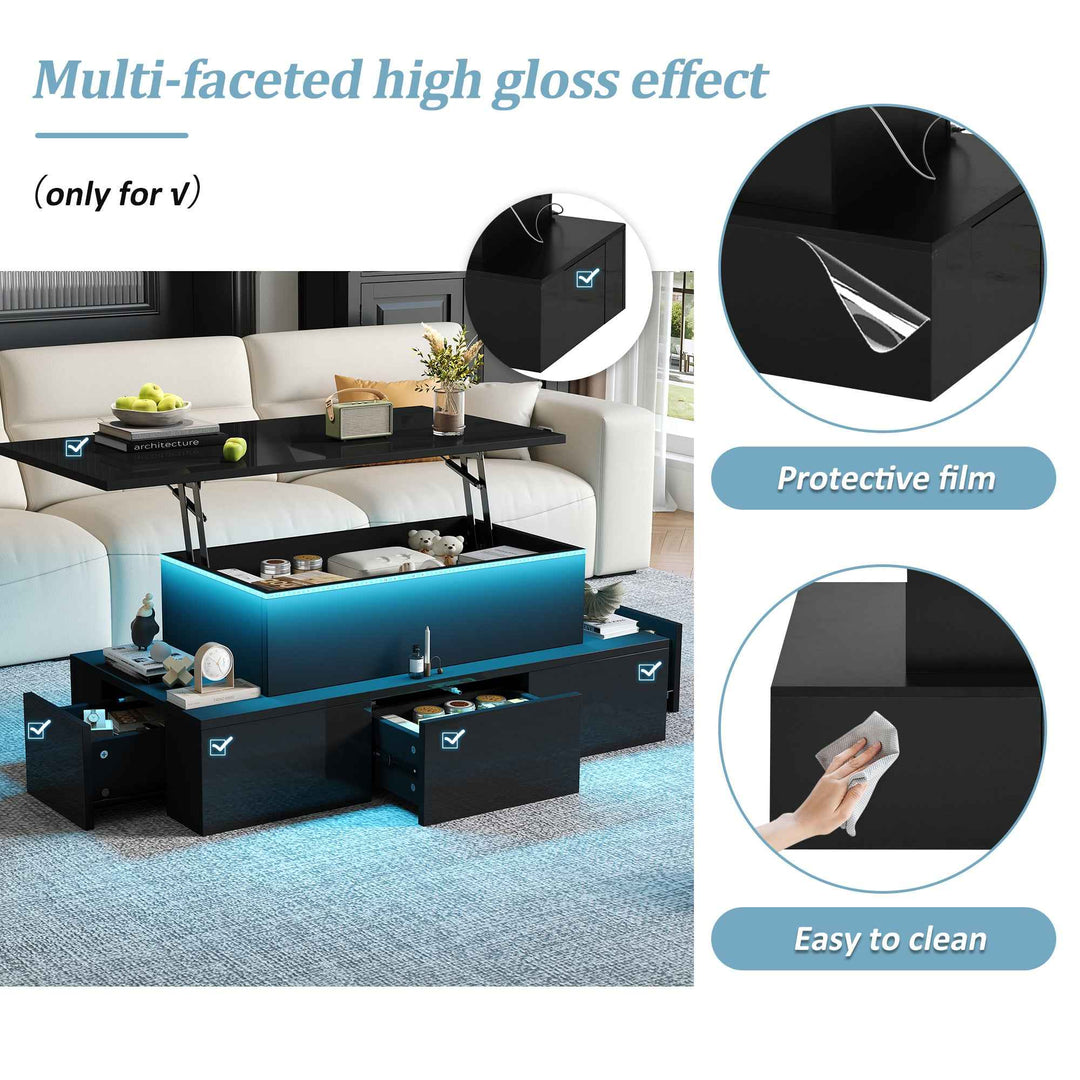 Lift top black high gloss coffee table with 4 drawers and LED lighting INFINITECASCADEE