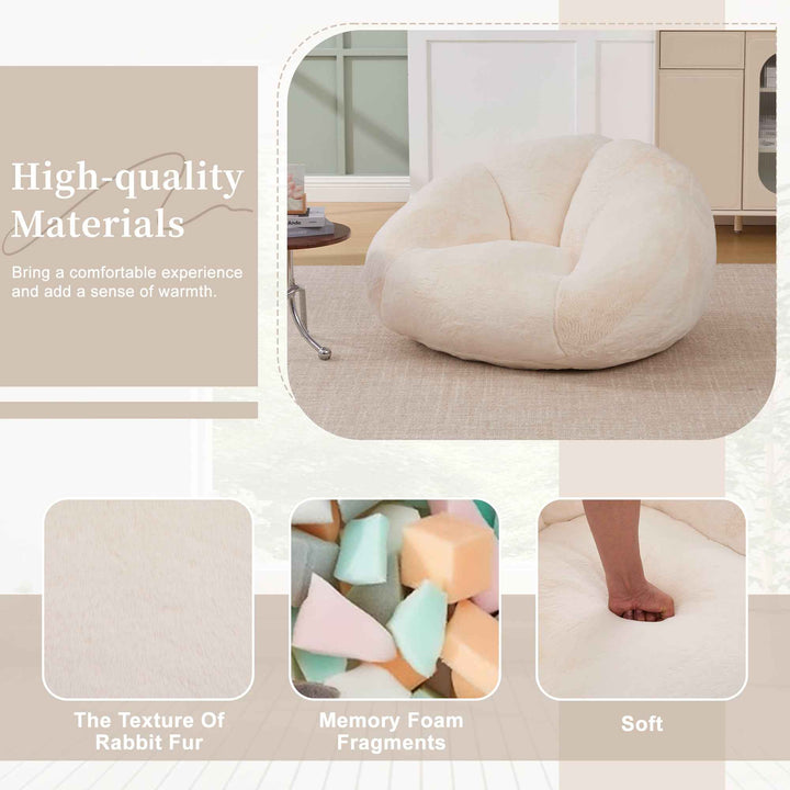 Lazy chair shell shaped sofa beige faux fur, memory foam bean bag chair removable cover