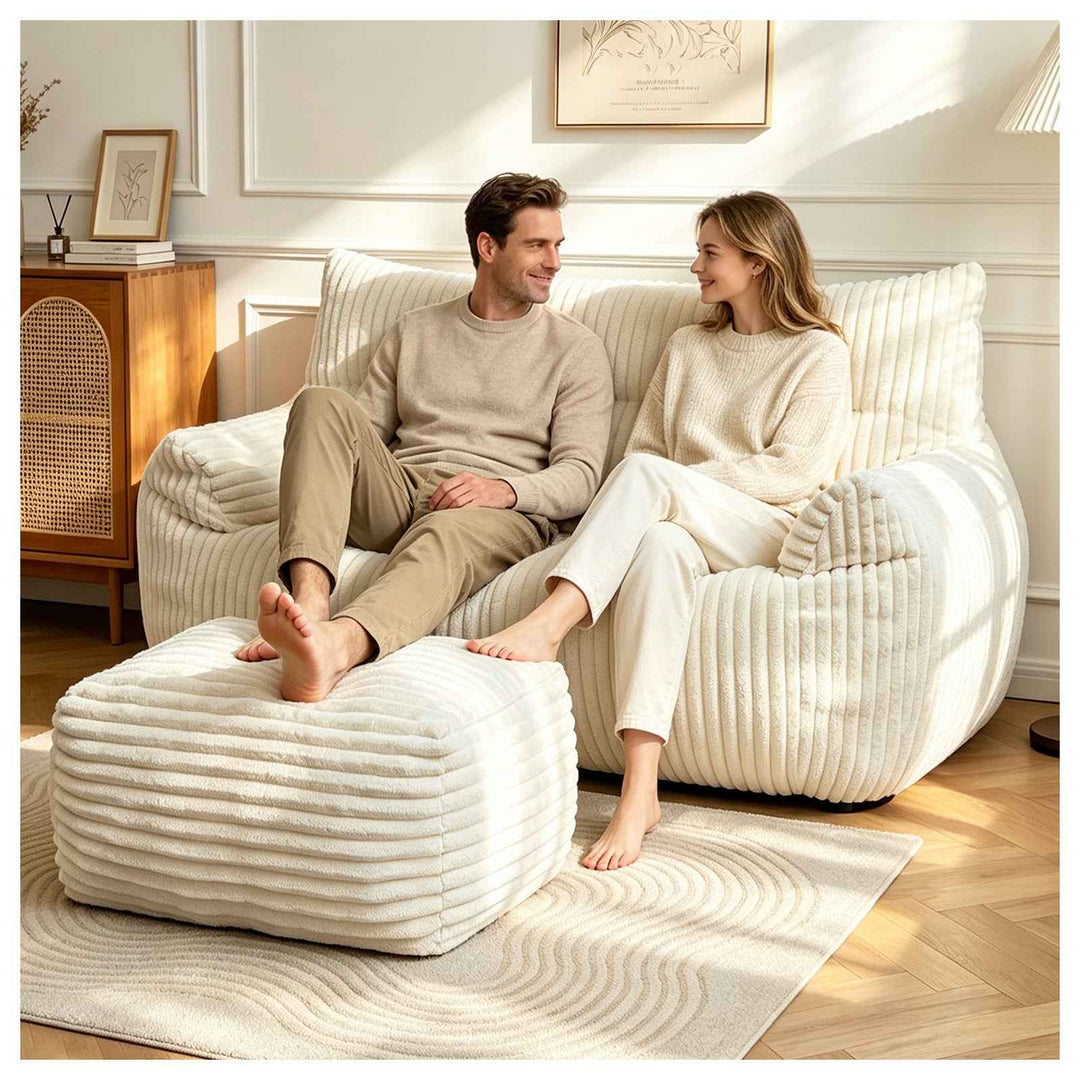 2-Seater Corduroy Lazy Sofa with Ottoman, Oversized Striped Floor Couch, No Assembly, Ergonomic, White, for Bedroom, Living Room, Small Apartment