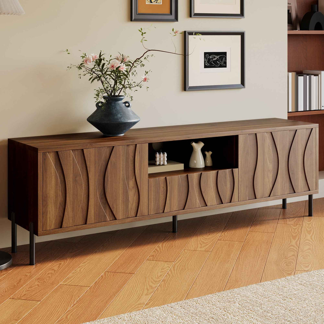 00+缺图 TV Cabinet 160 cm Natural with 3 Wave-Design Doors, Cable Management for Living Room URBANMIRROR