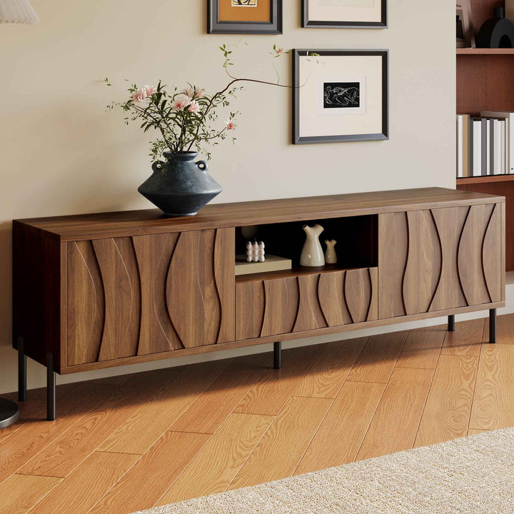 00+缺图 TV Cabinet 160 cm Natural with 3 Wave-Design Doors, Cable Management for Living Room URBANMIRROR
