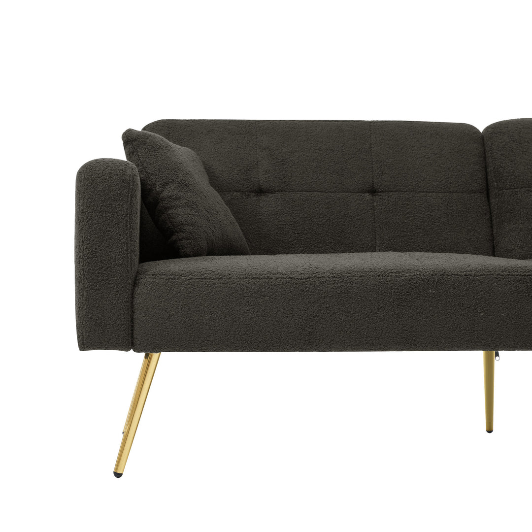 Dark grey sherpa 2-seater sofa bed with gold legs, cushions and side storage pockets VESPERA