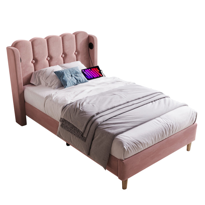 Pink velvet upholstered single divan bed frame with USB charging KRIGIED SINGLE PINK UK