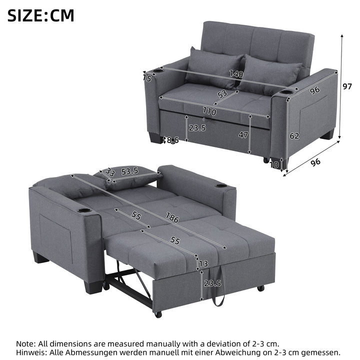 Gray fabric convertible 2-seater sofa bed pull-out design, adjustable backrest, and storage FROSTSTONE