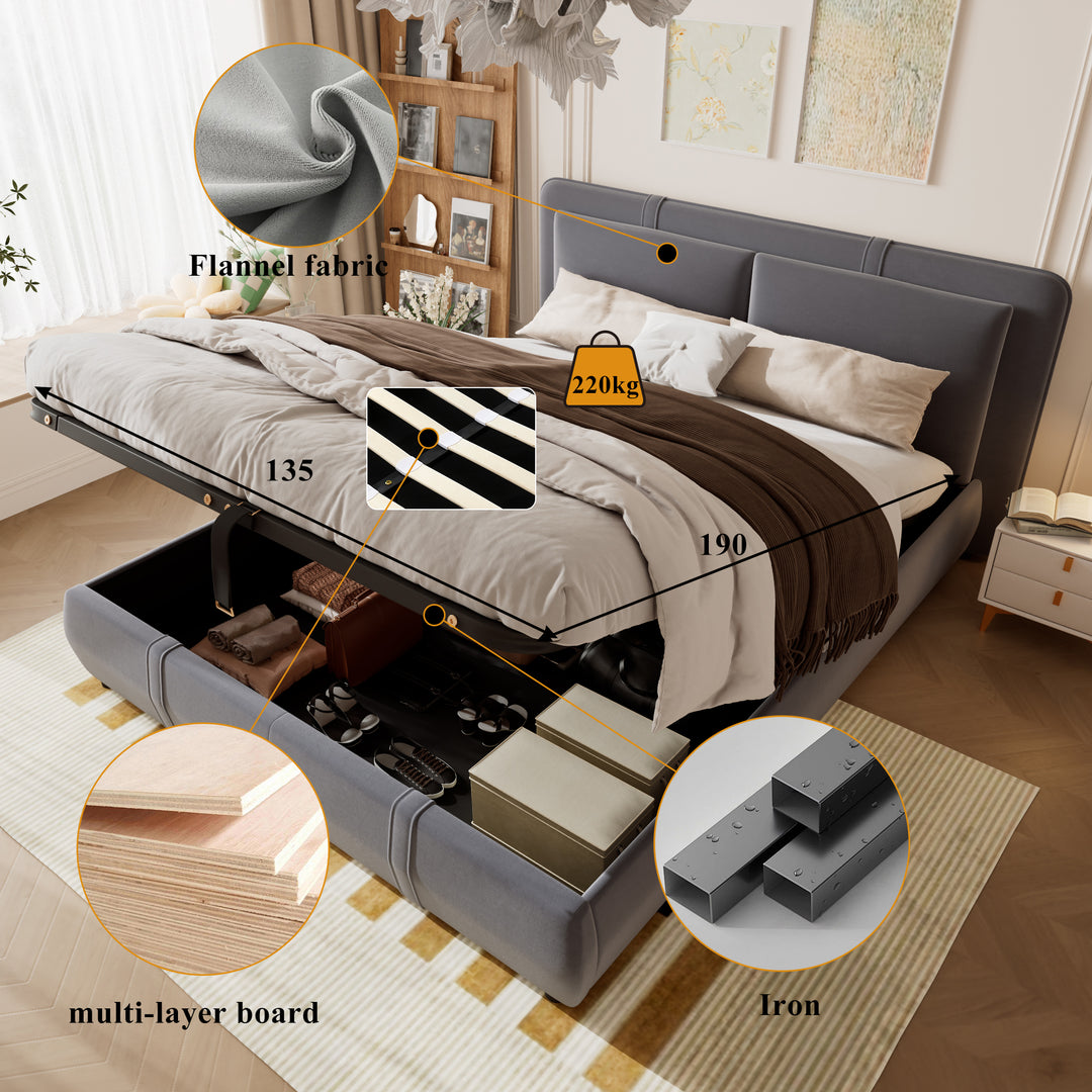 Upholstered velvet grey, hydraulic ottoman double bed with storage function 135×190cm KELPFROND