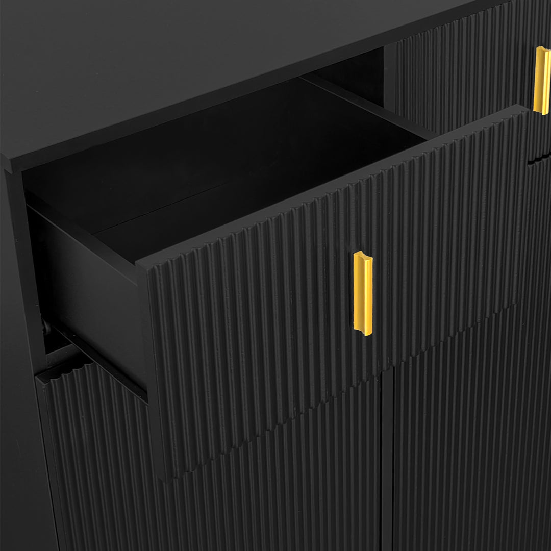 Black shoe cabinet with textured design and golden legs CEDARGLADE UK