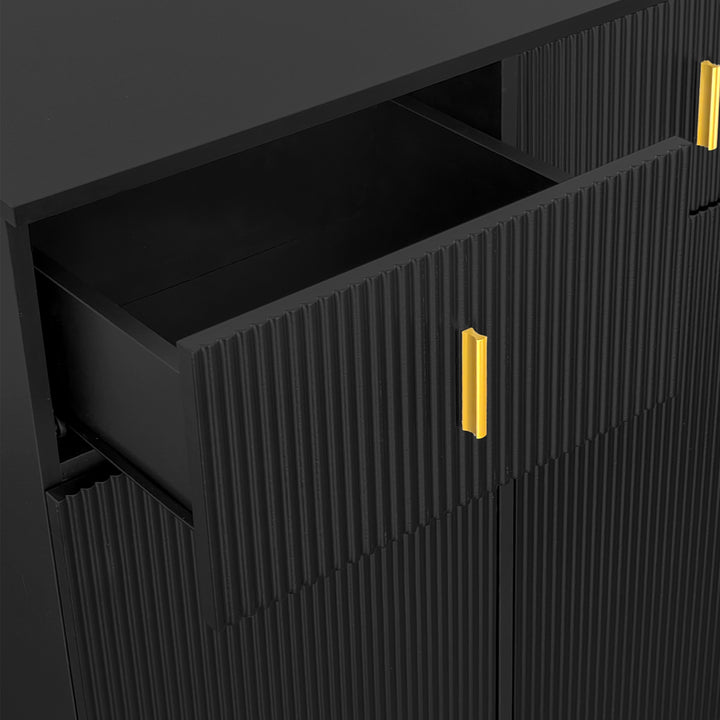 Black shoe cabinet with textured design and golden legs CEDARGLADE UK