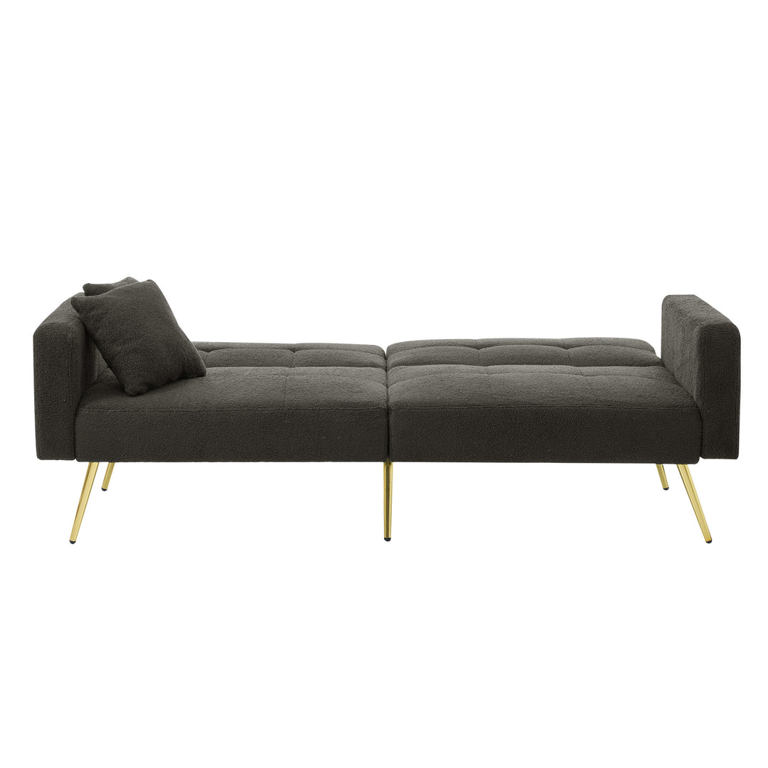 Dark grey sherpa 2-seater sofa bed with gold legs, cushions and side storage pockets VESPERA