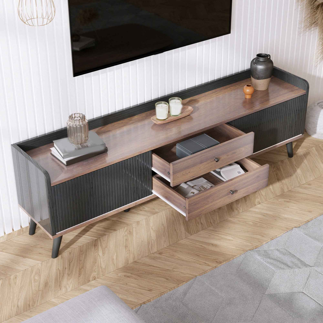 00+缺图 TV Stand 160 cm Black and Wood with 2 Sliding Doors and 2 Drawers for Living Room VANITYLINE