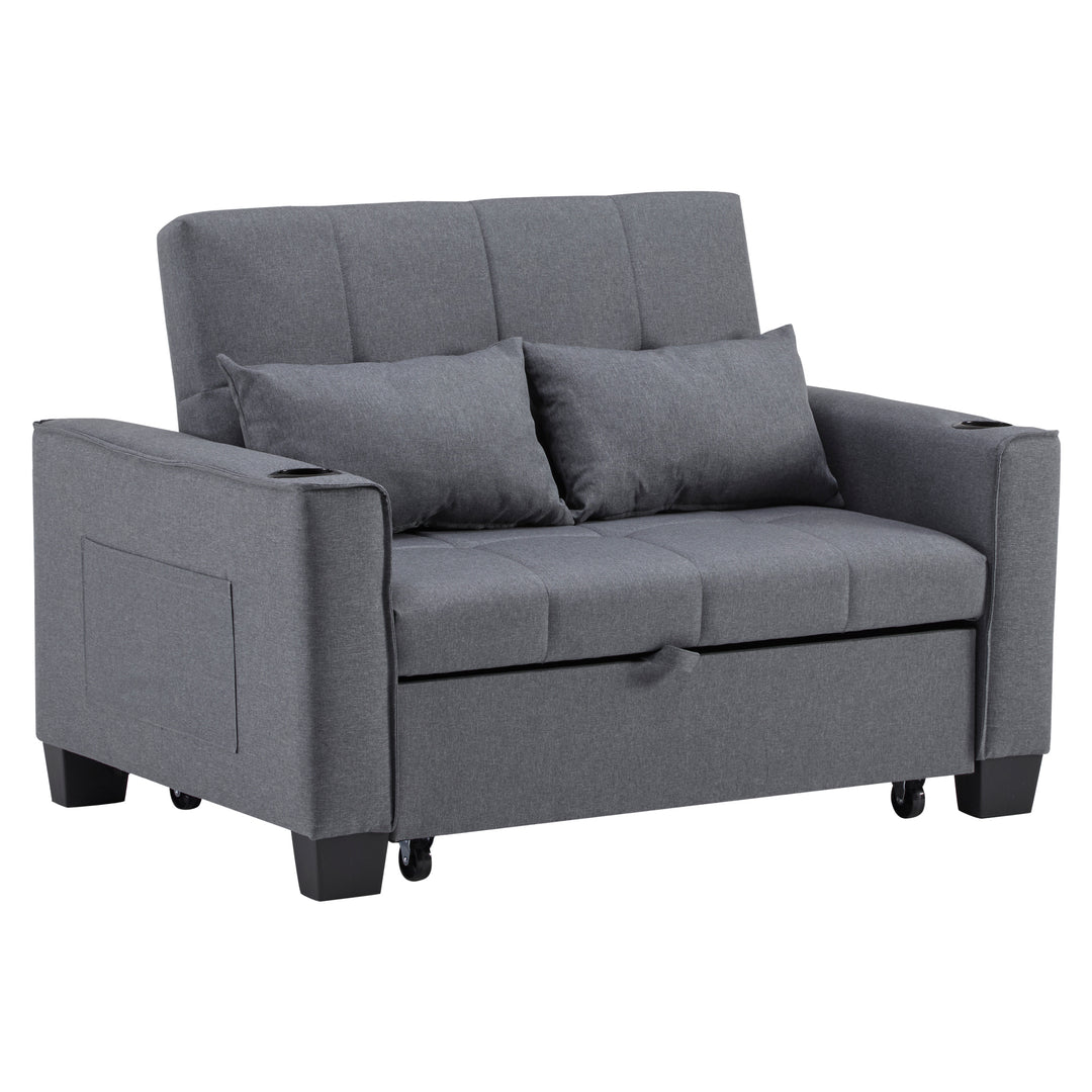 Gray fabric convertible 2-seater sofa bed pull-out design, adjustable backrest, and storage FROSTSTONE