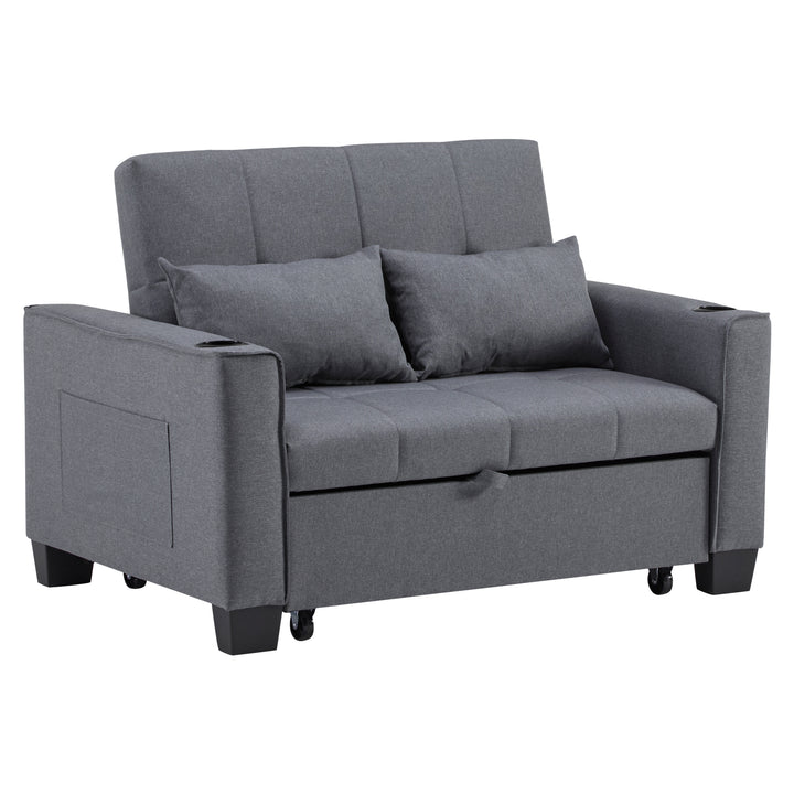 Gray fabric convertible 2-seater sofa bed pull-out design, adjustable backrest, and storage FROSTSTONE
