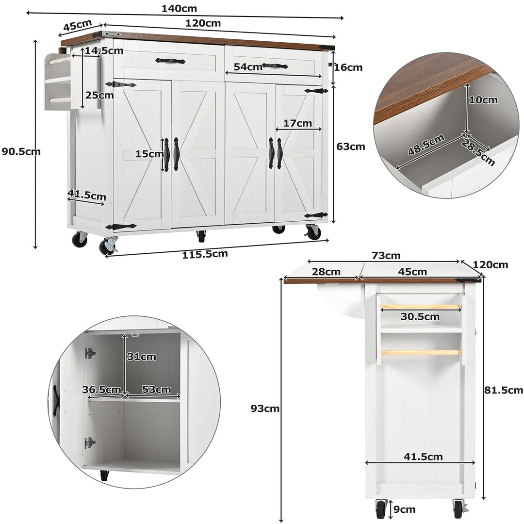 White farmhouse style rolling kitchen island with fold-out top and racks SALTMARSH
