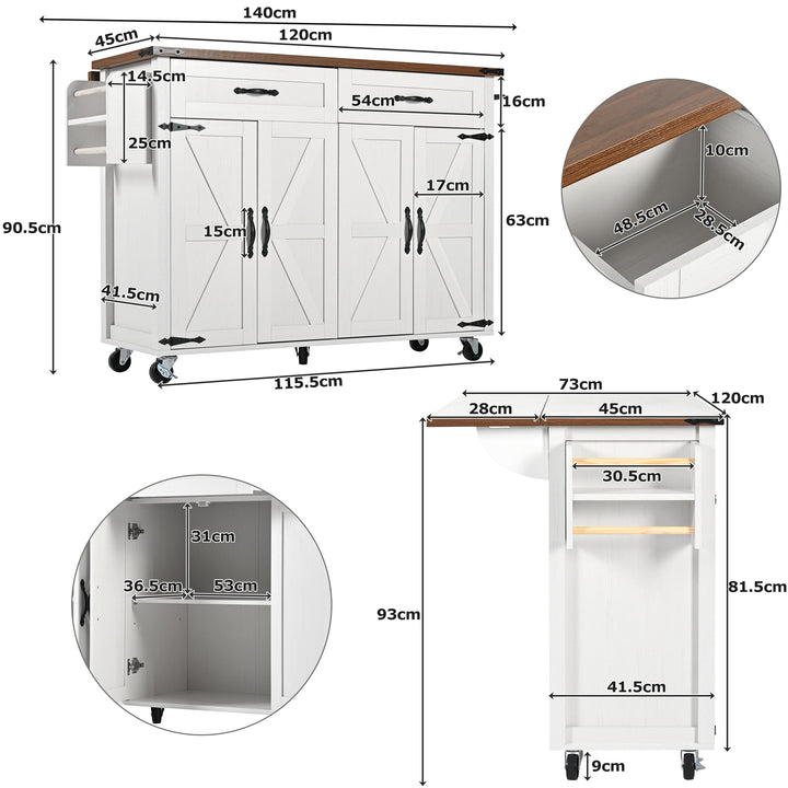 White farmhouse style rolling kitchen island with fold-out top and racks SALTMARSH