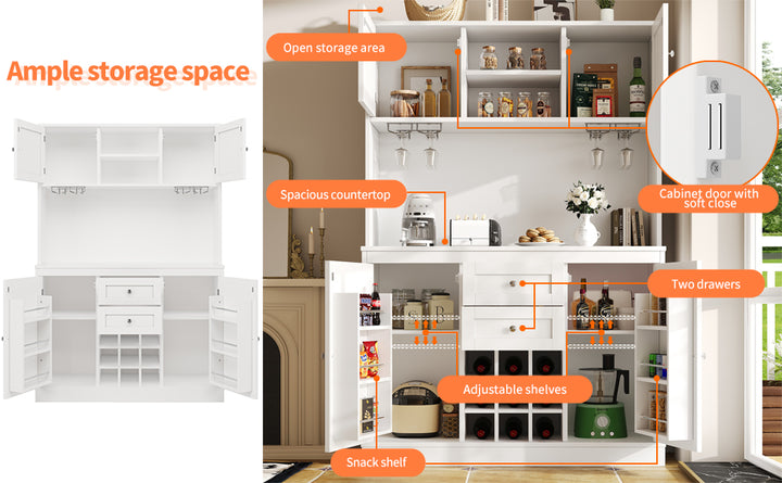 White tall farmhouse kitchen hutch cabinet with wine rack and glass holders VIGOURUS