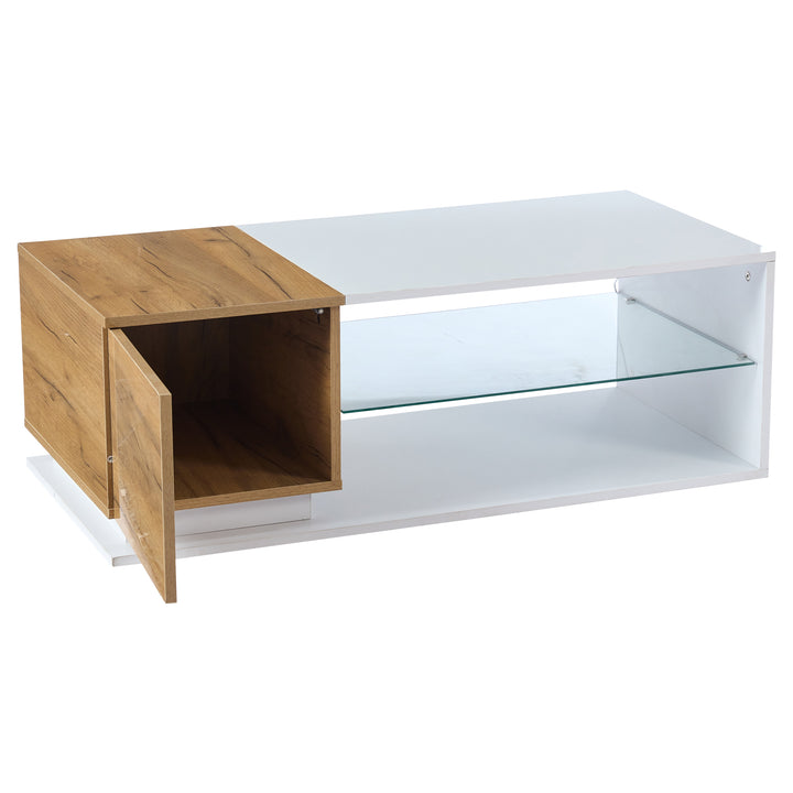 White rectangular wood LED coffee table with open glass shelf and 1-door IDEOGRAM