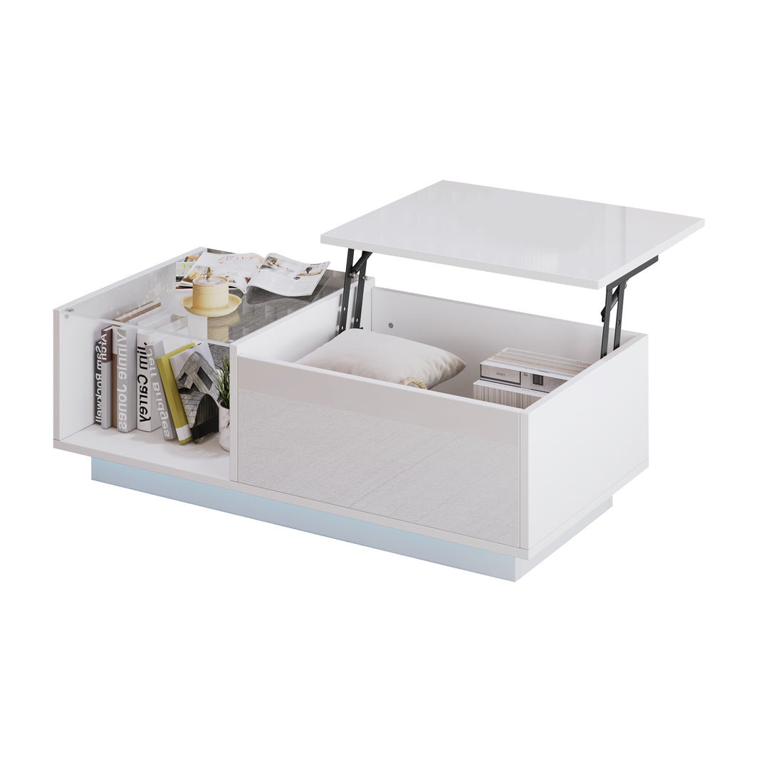 White high gloss lift-up LED coffee table with hidden storage and glass top 100×50×33cm BORAXFLAKE